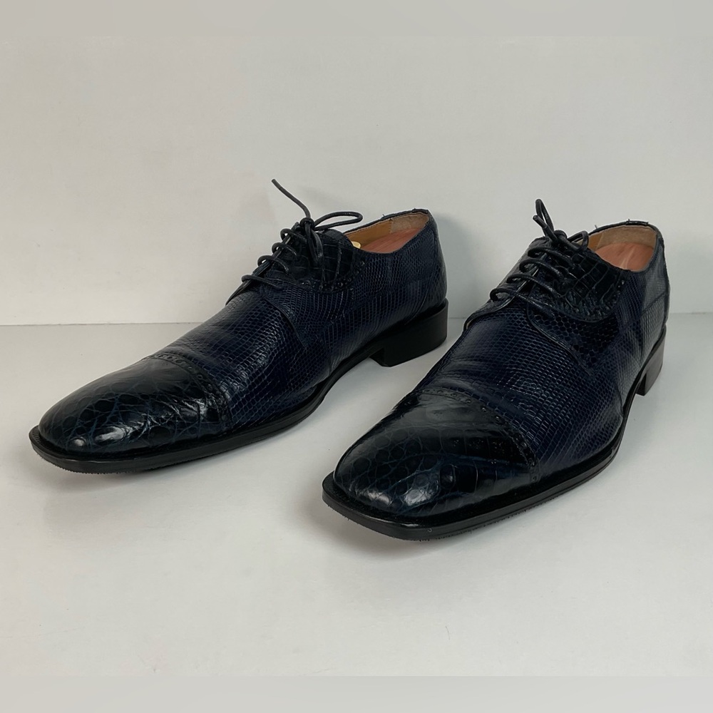 David Eden Exotic Derby Shoes | Navy Blue Crocodile & Teju Lizard | Men’s 13